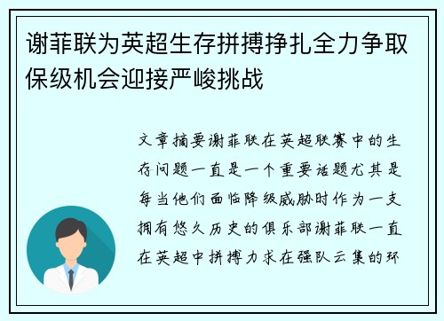 谢菲联为英超生存拼搏挣扎全力争取保级机会迎接严峻挑战