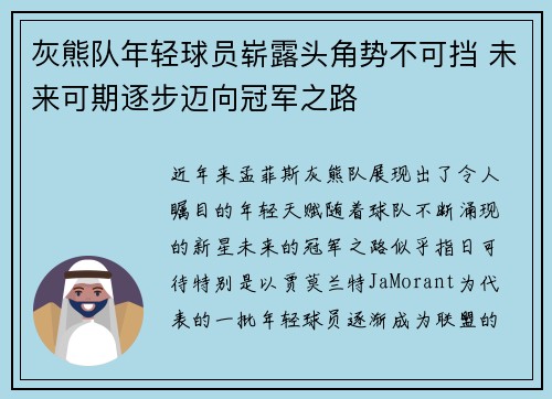 灰熊队年轻球员崭露头角势不可挡 未来可期逐步迈向冠军之路