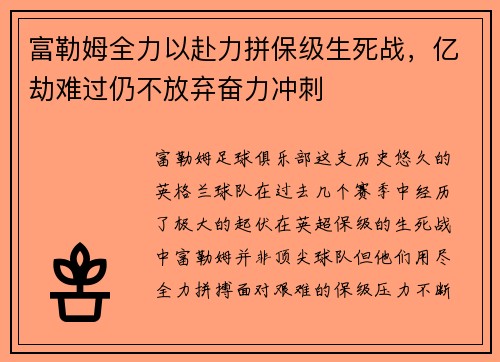 富勒姆全力以赴力拼保级生死战，亿劫难过仍不放弃奋力冲刺